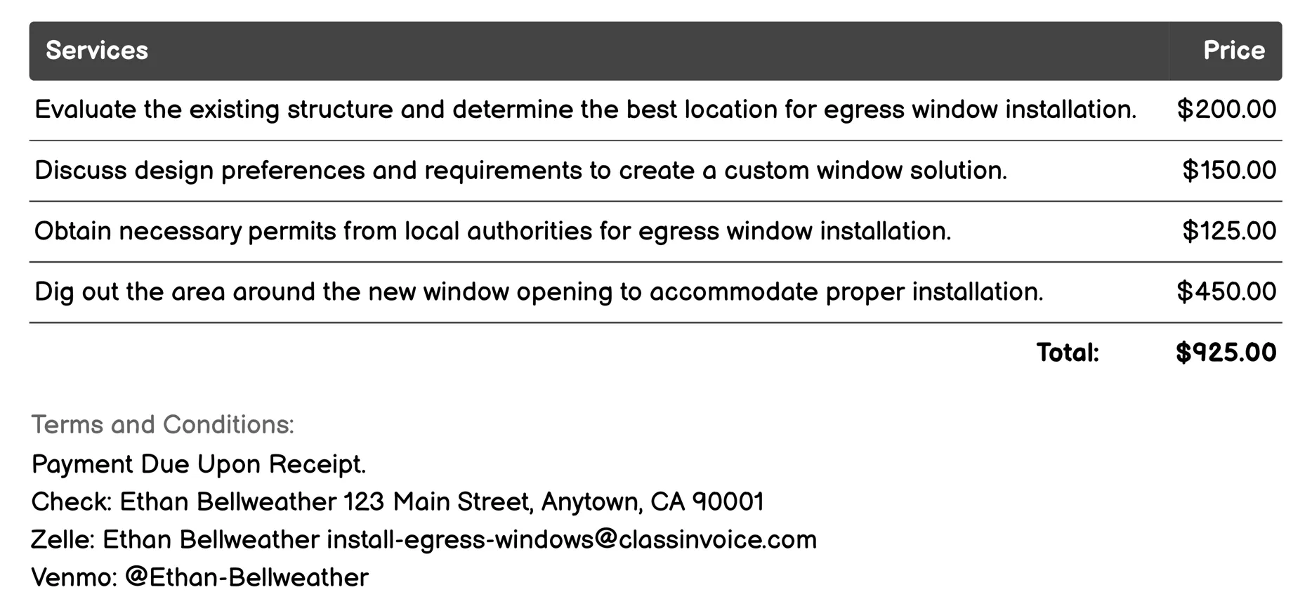 Custom Egress Window Design Invoice Example