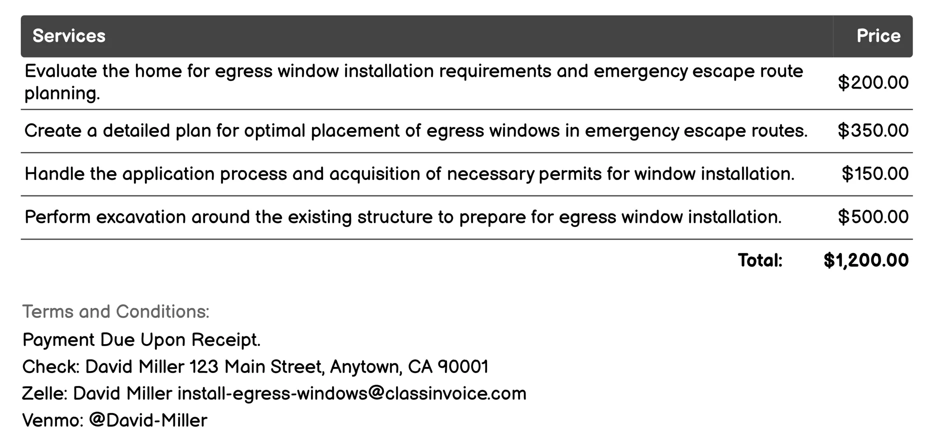 Emergency Escape Route Planning Invoice Example