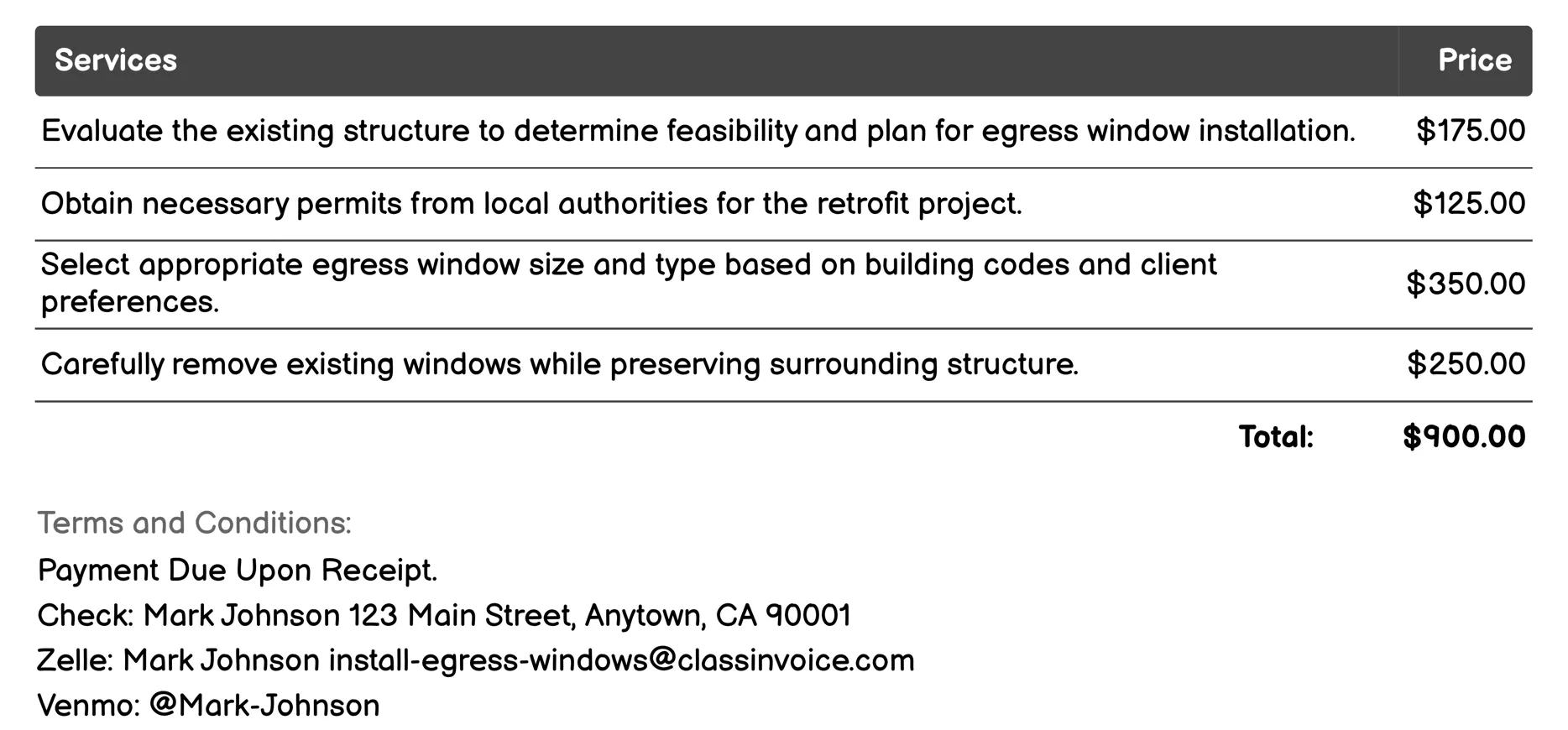 Retrofit Egress Window Installation Invoice Example