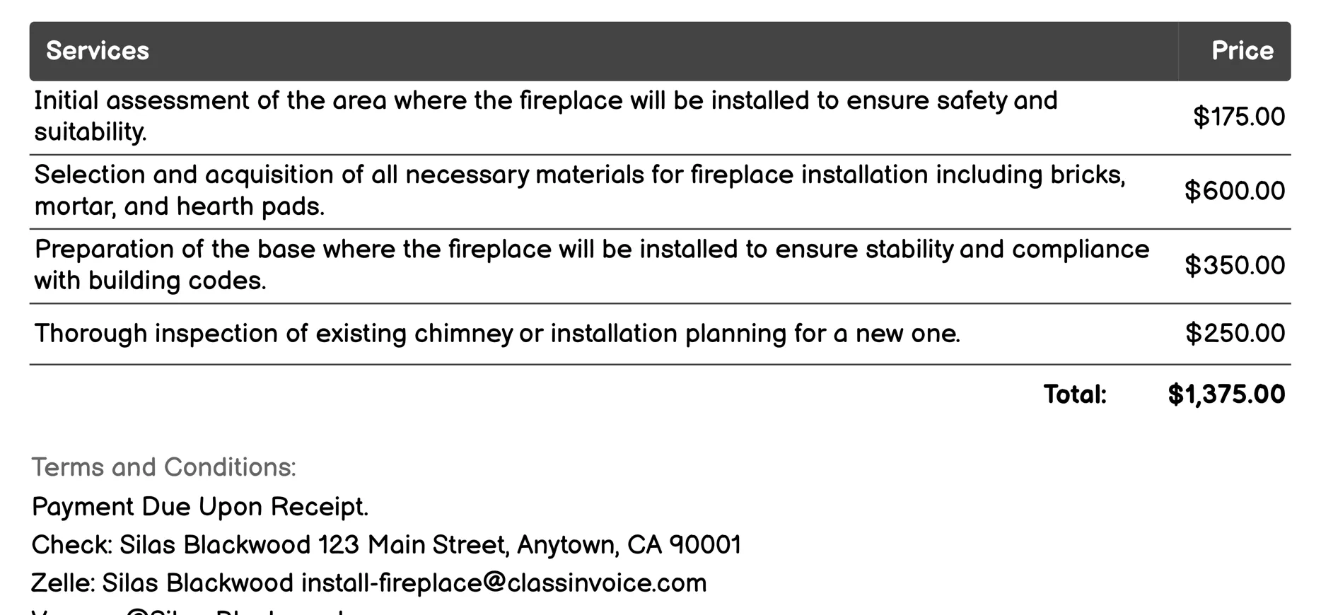 Dedicated Hearth Construction Invoice Example