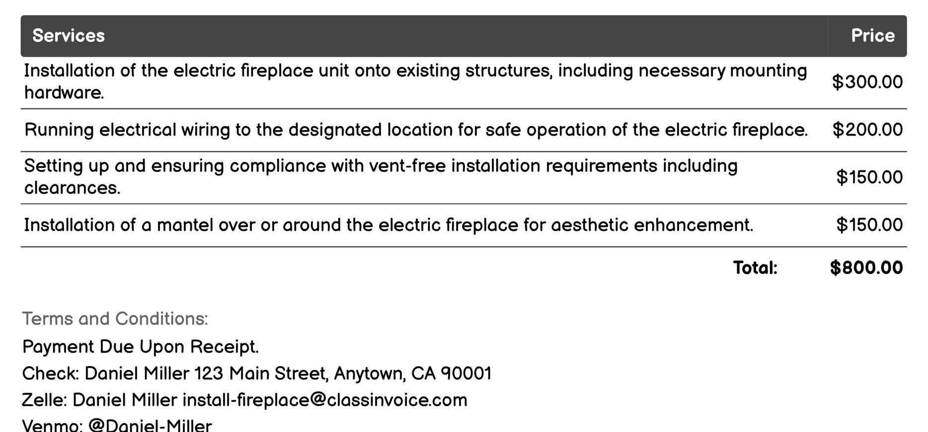 Electric Fireplace Installation Invoice Example