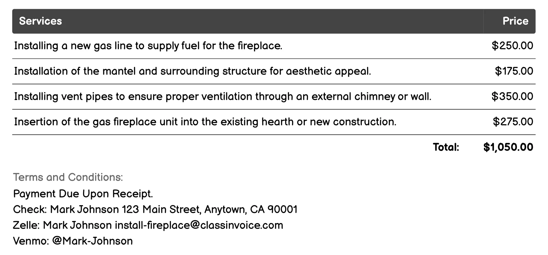 Gas Fireplace Installation Invoice Example