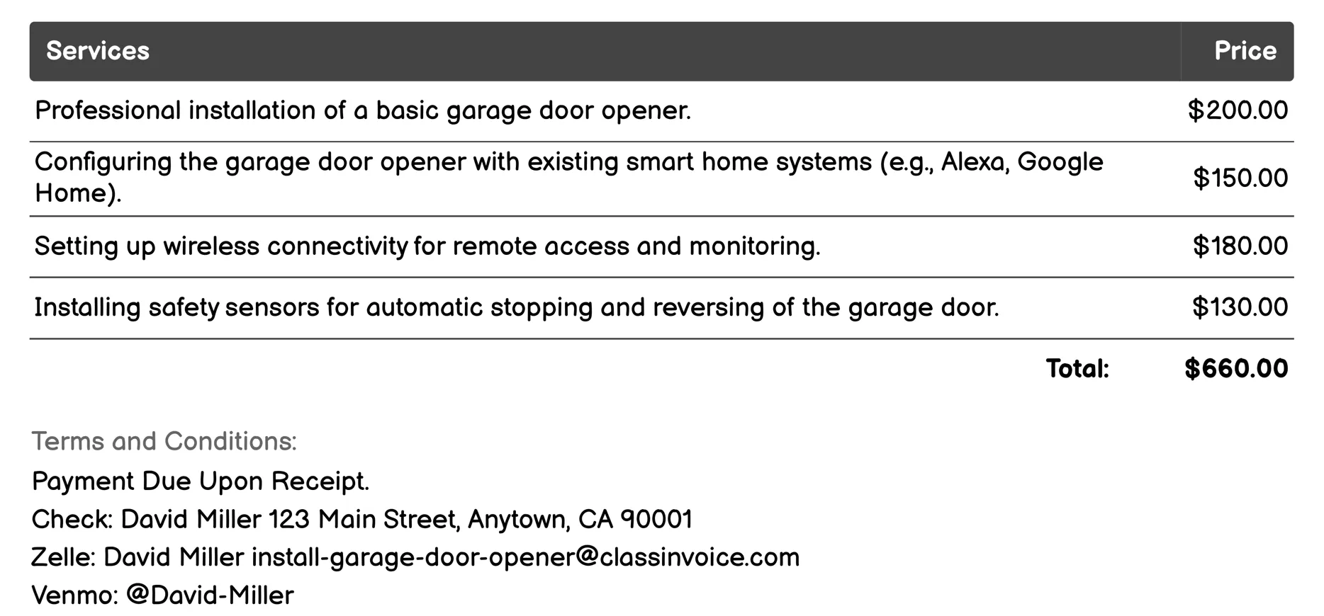 Smart Home Integration Invoice Example