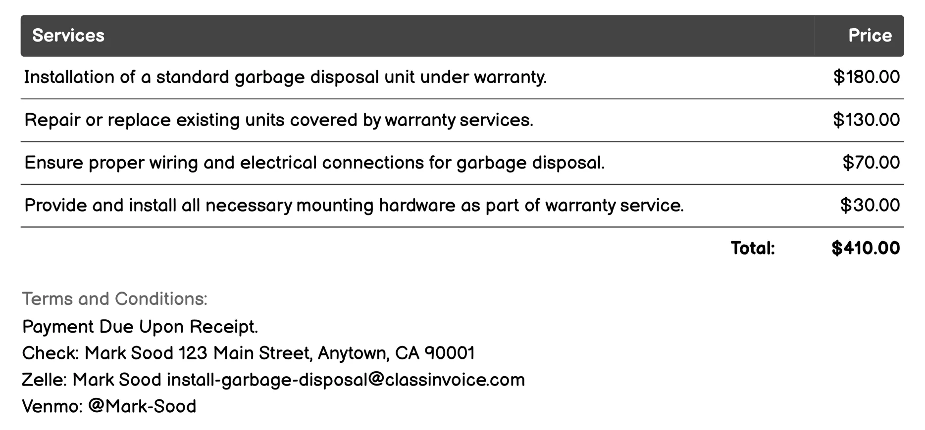 Warranty Services Invoice Example