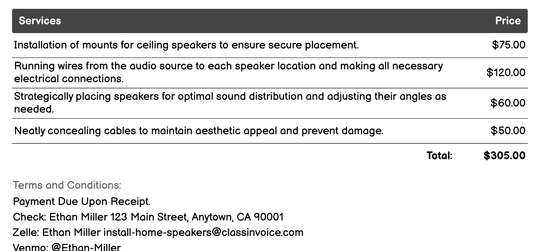 Ceiling Speaker Installation Invoice Example