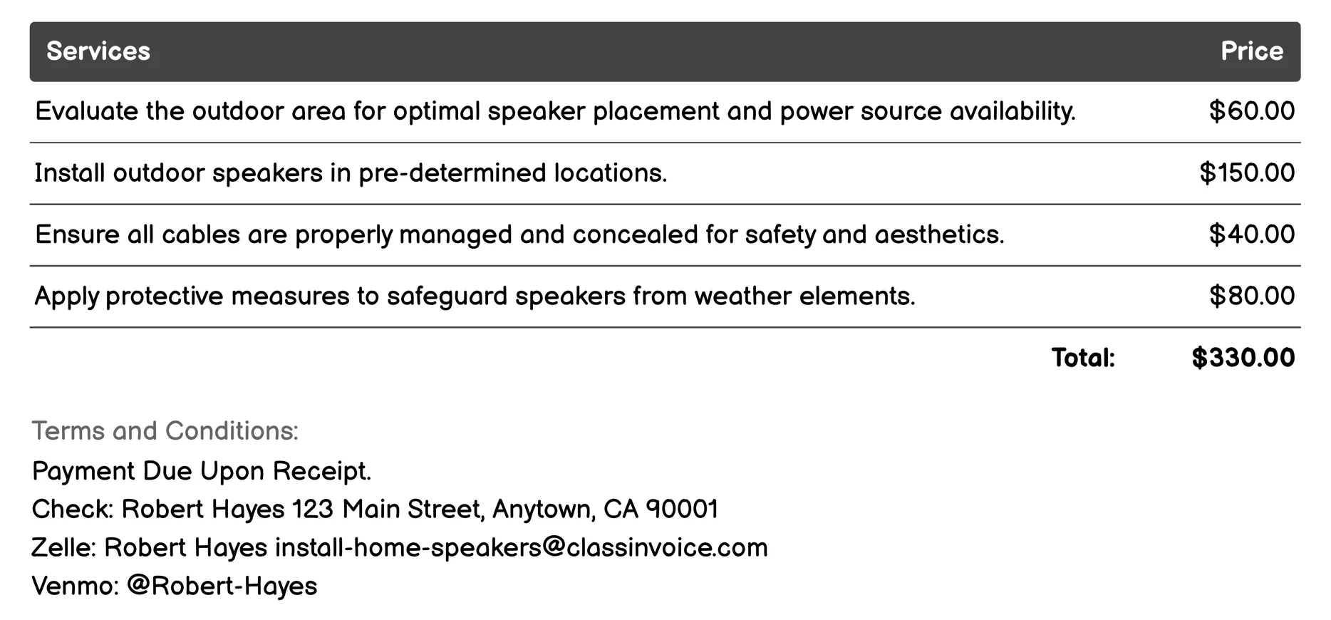 Outdoor Speaker Setup Invoice Example