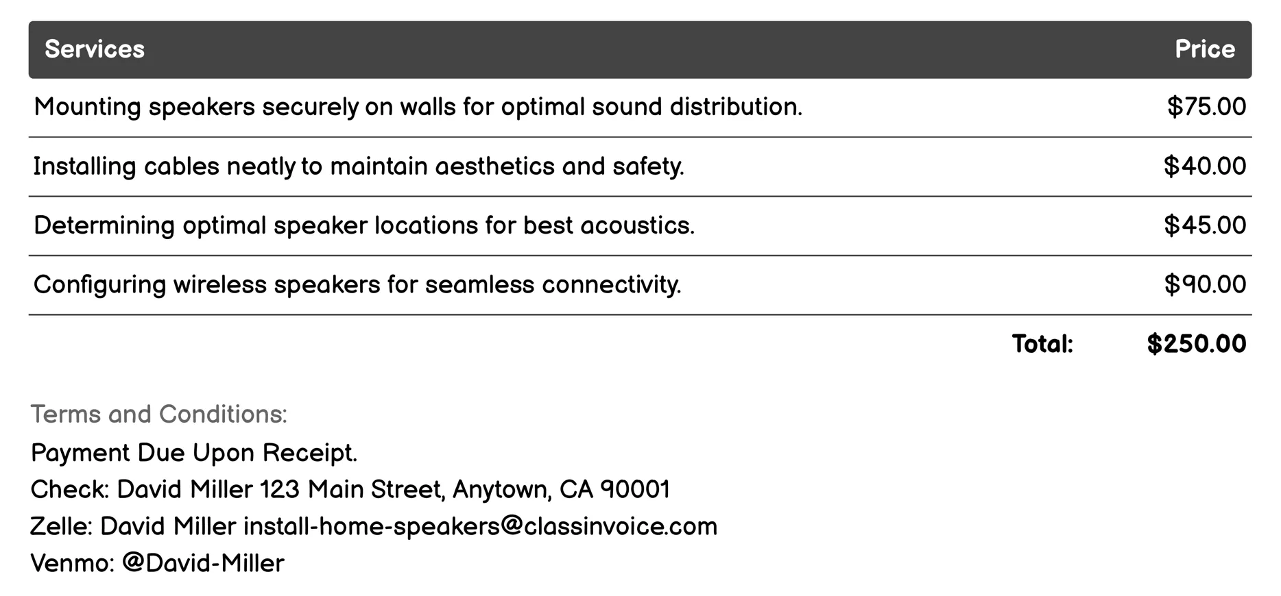 Standard Speaker Installation Invoice Example