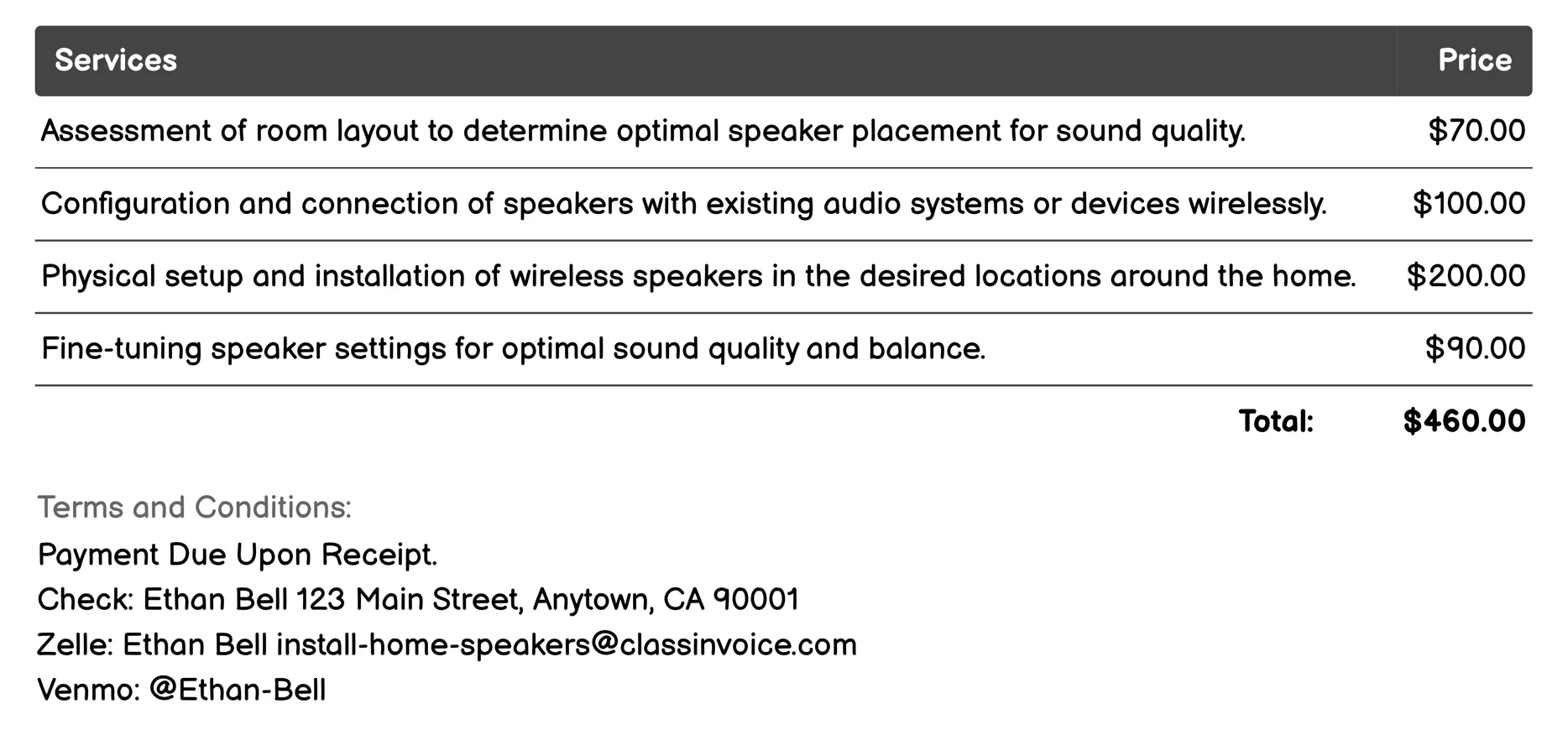 Wireless Speaker Setup Invoice Example