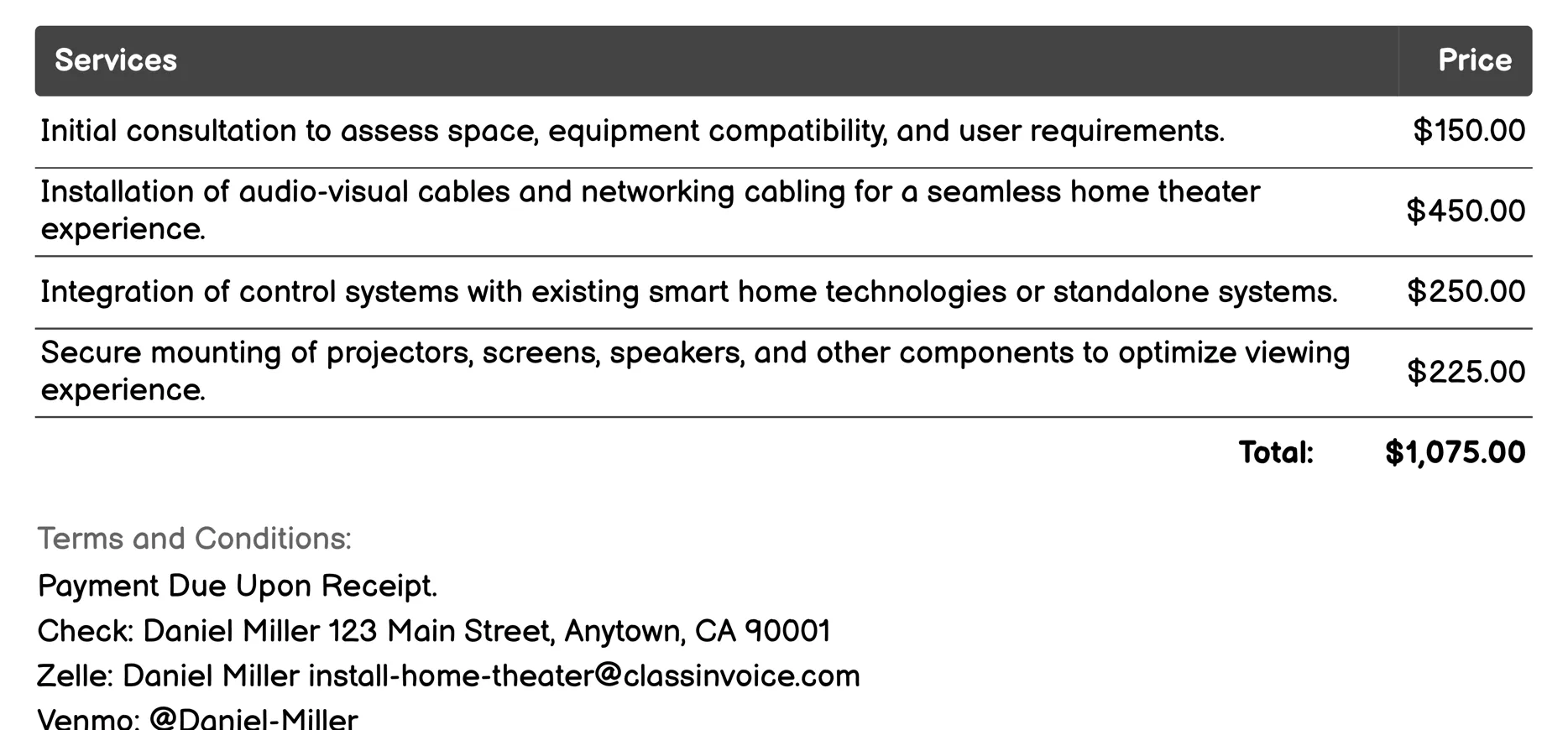 Control System Integration Invoice Example