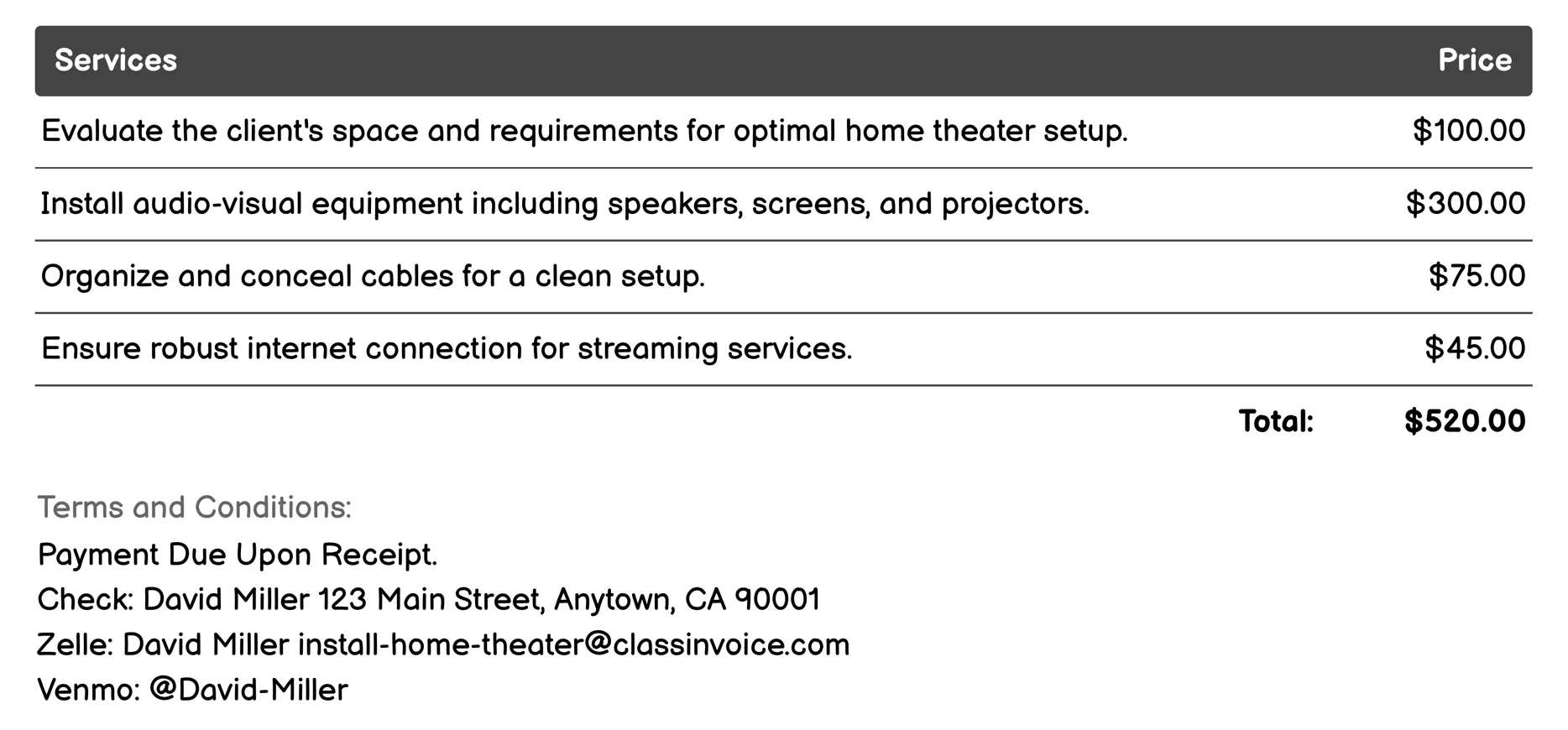 Internet/Streaming Services Setup Invoice Example