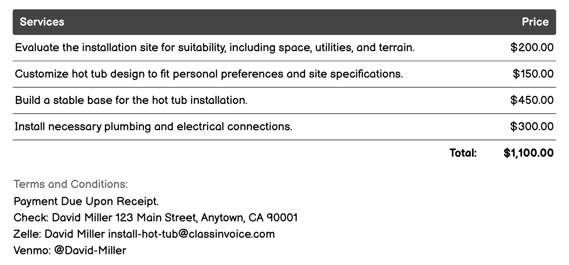 Custom Hot Tub Design Invoice Example