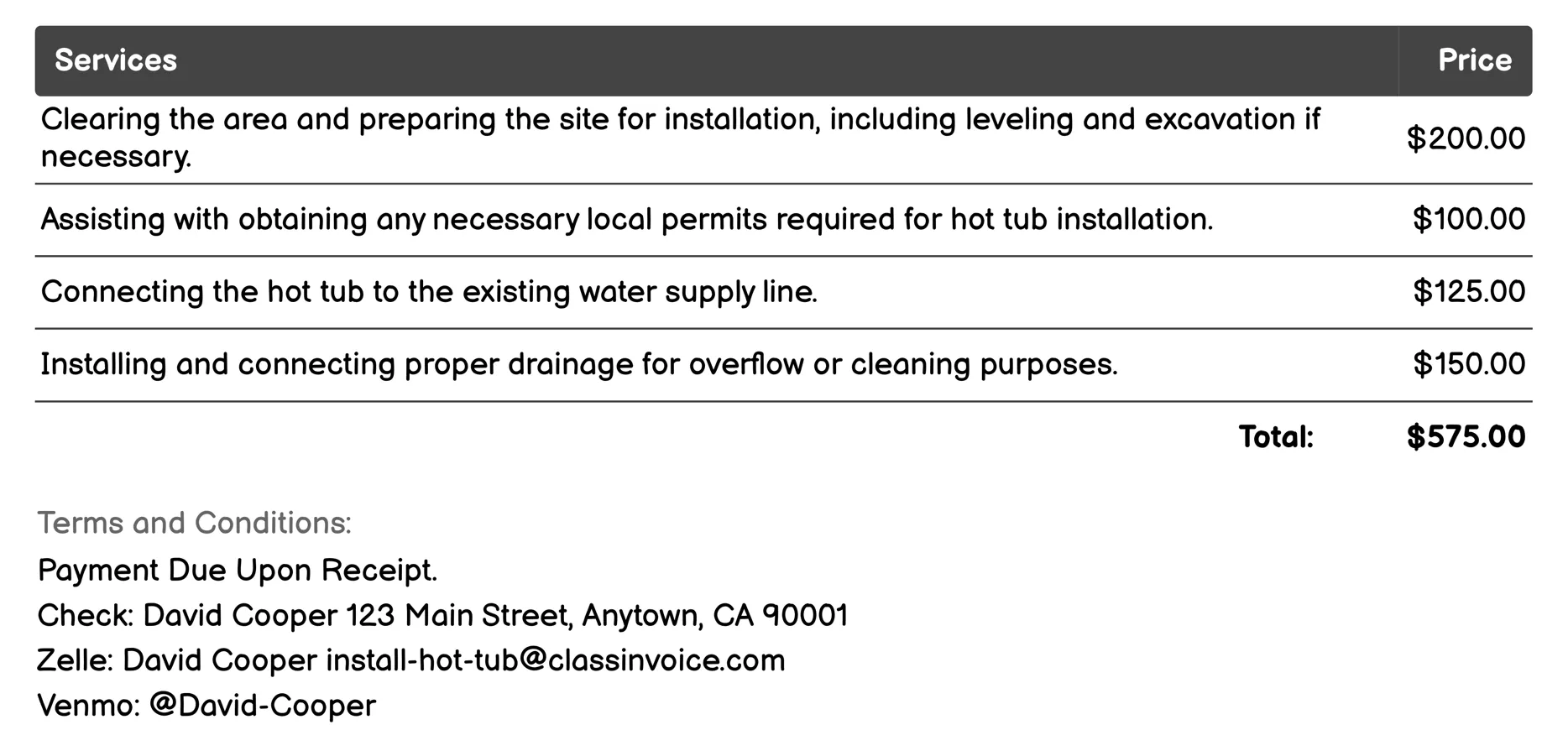 Plumbing Services Invoice Example