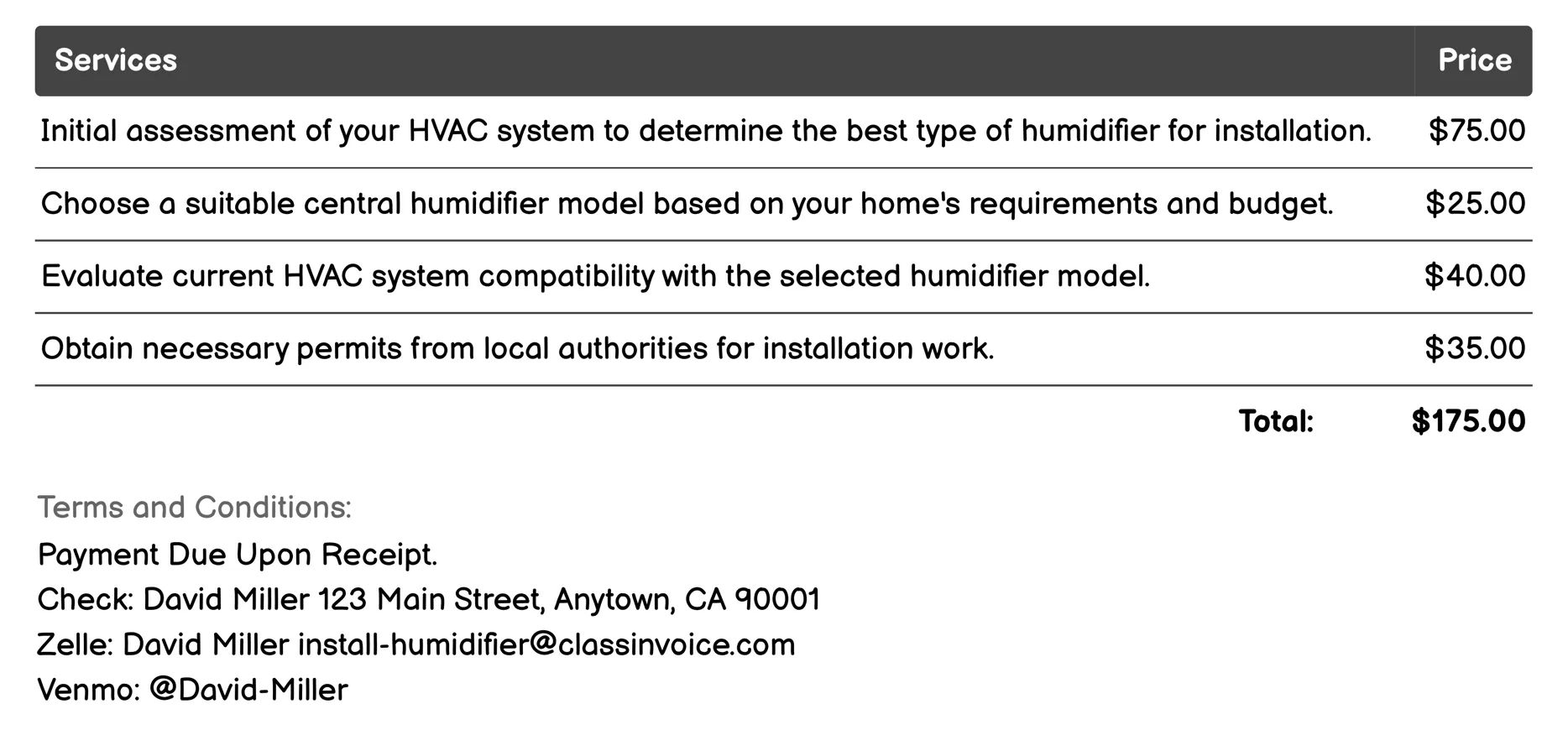 Central Humidifier Installation Invoice Example