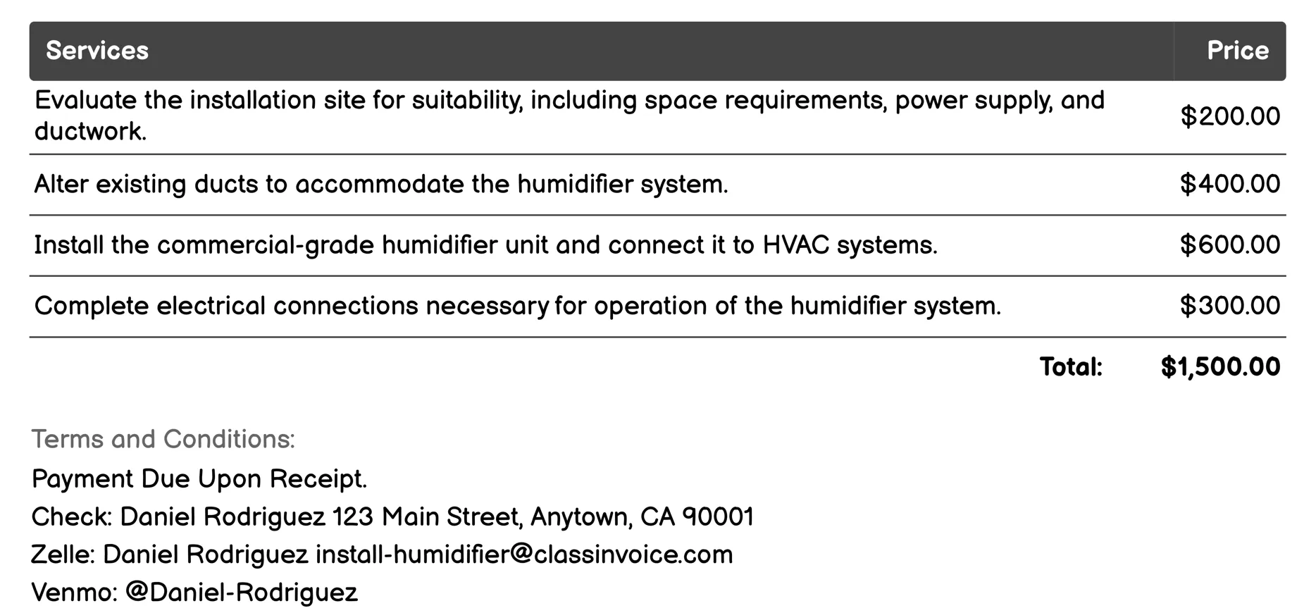 Commercial Installation Invoice Example