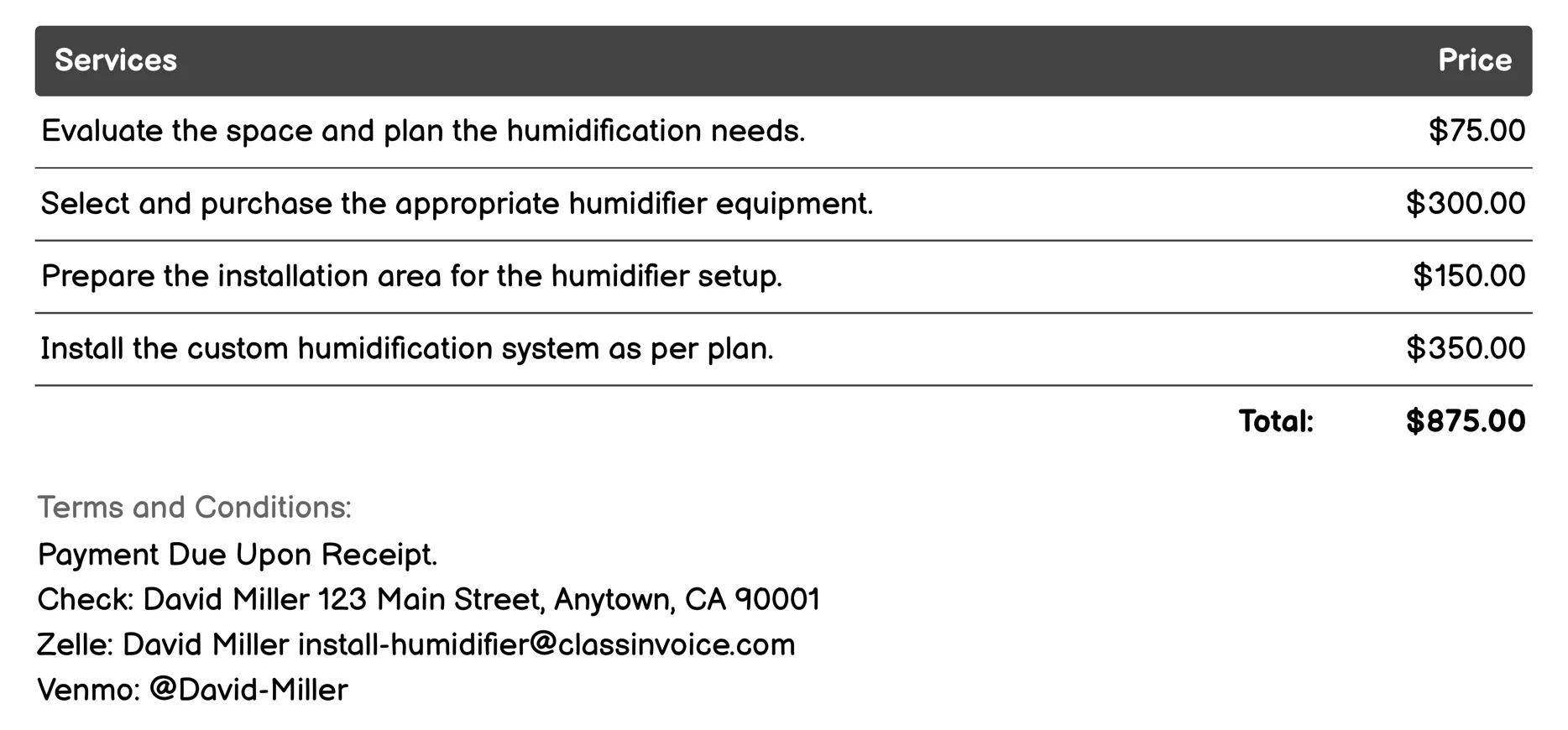 Custom Humidification Solution Invoice Example