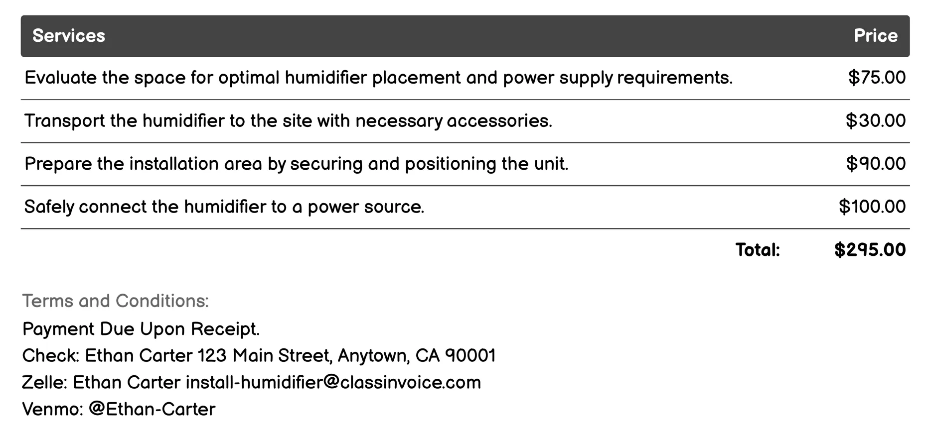 Maintenance-Free Installation Invoice Example