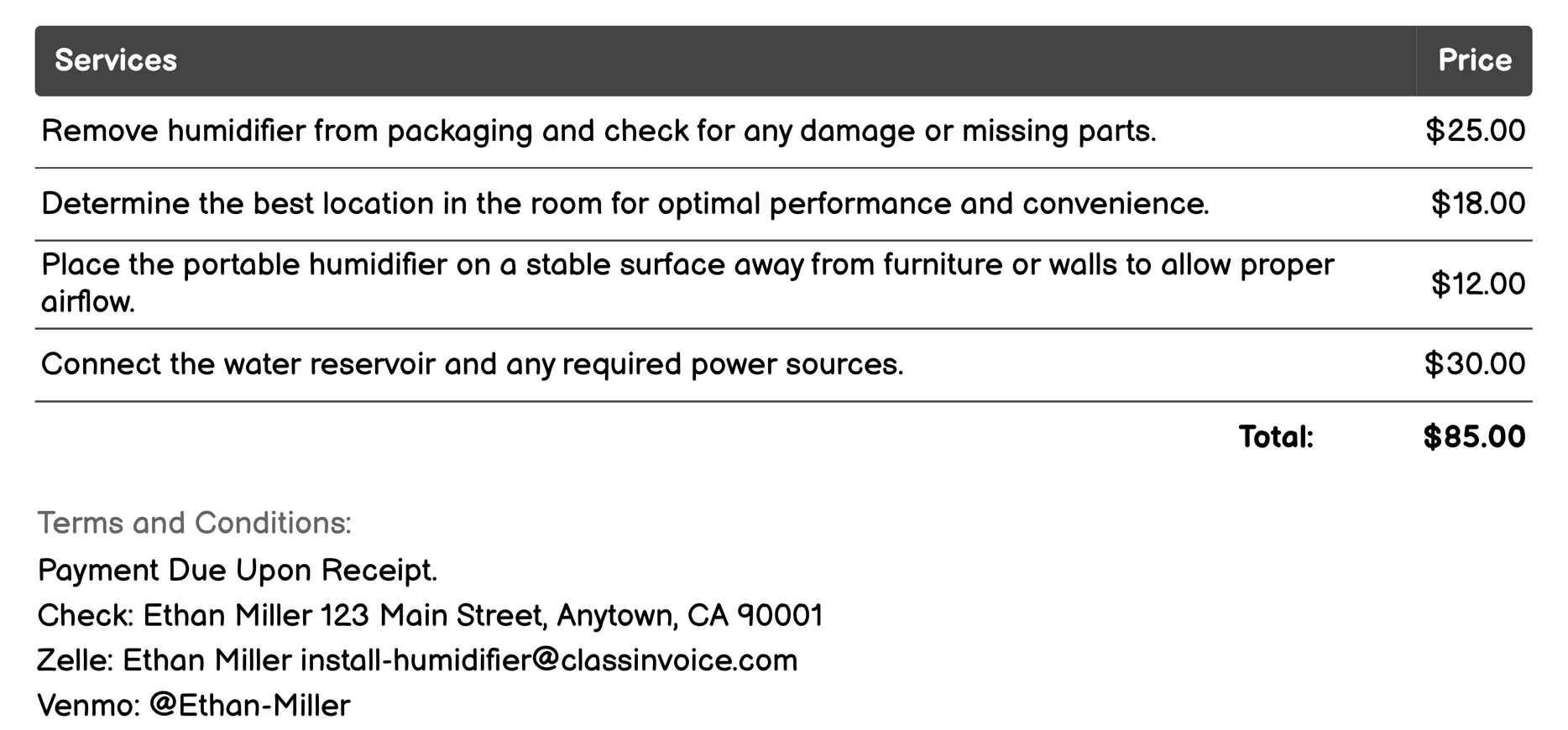 Portable Unit Setup Invoice Example