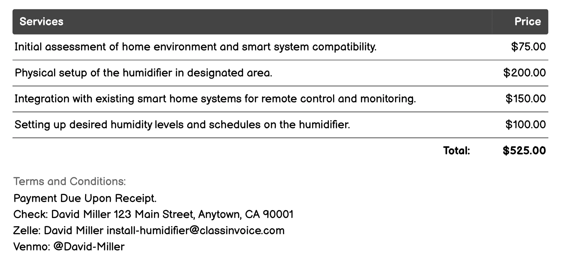 Smart Humidifier Configuration Invoice Example