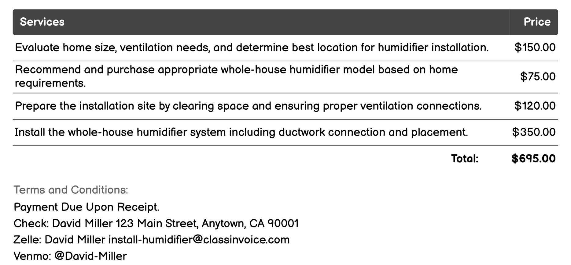 Whole-House Humidifier Installation Invoice Example