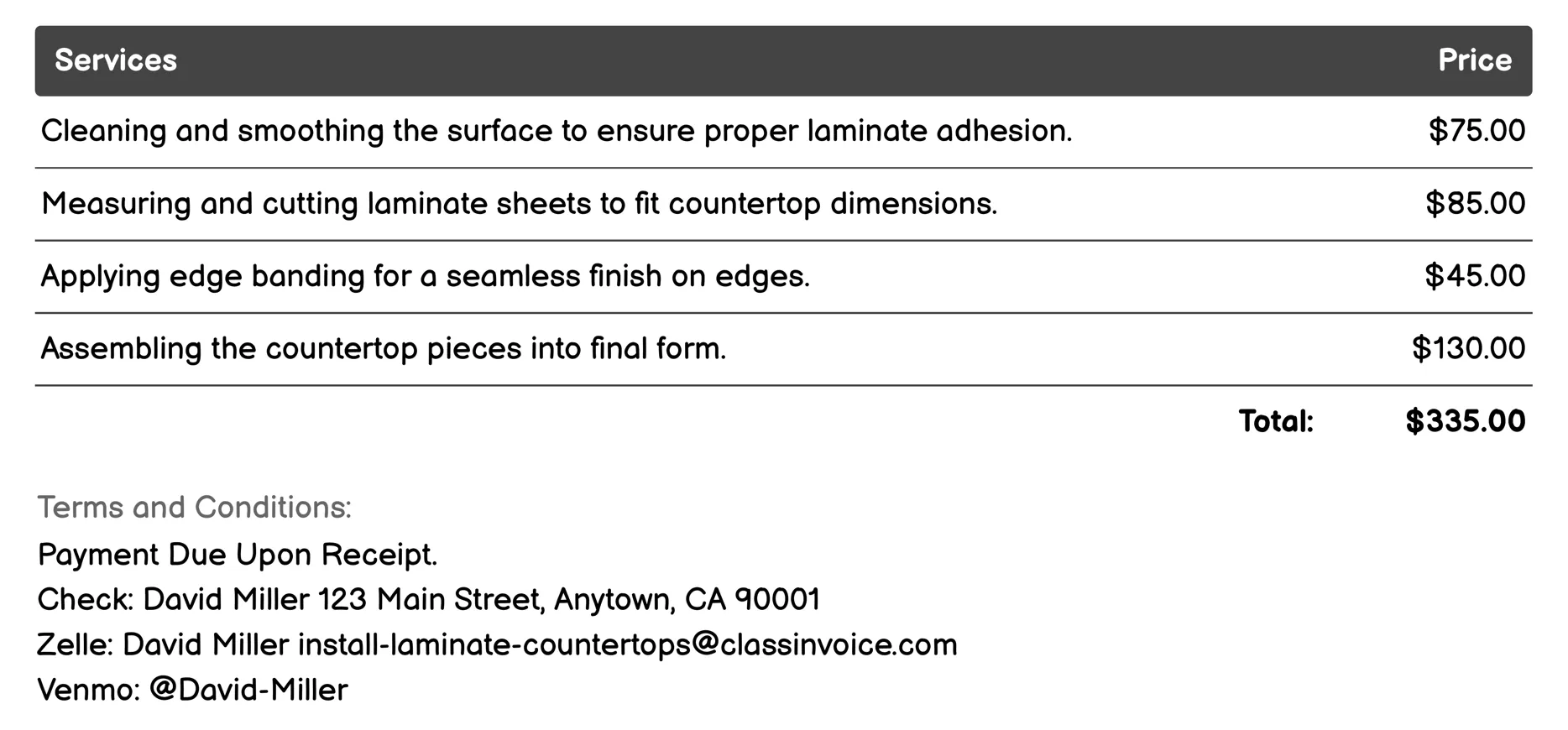 Assembly and Sealing Invoice Example