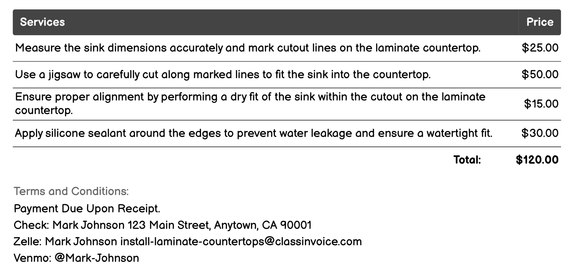 Sink Cutout Installation Invoice Example