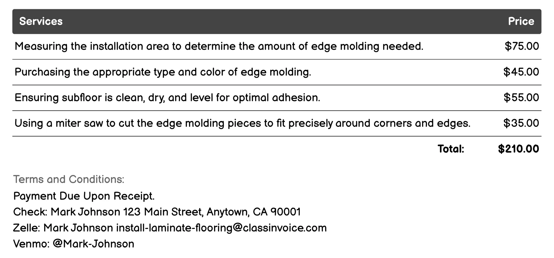 Edge Molding Installation Invoice Example