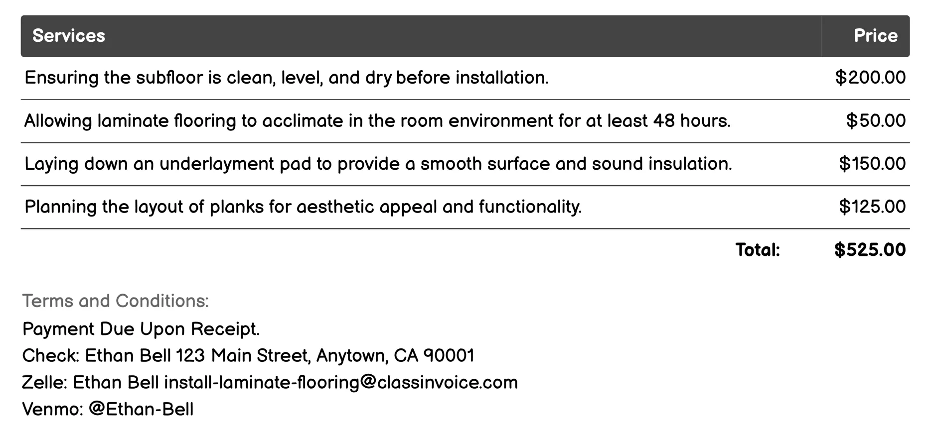 Finishing & Inspection Invoice Example