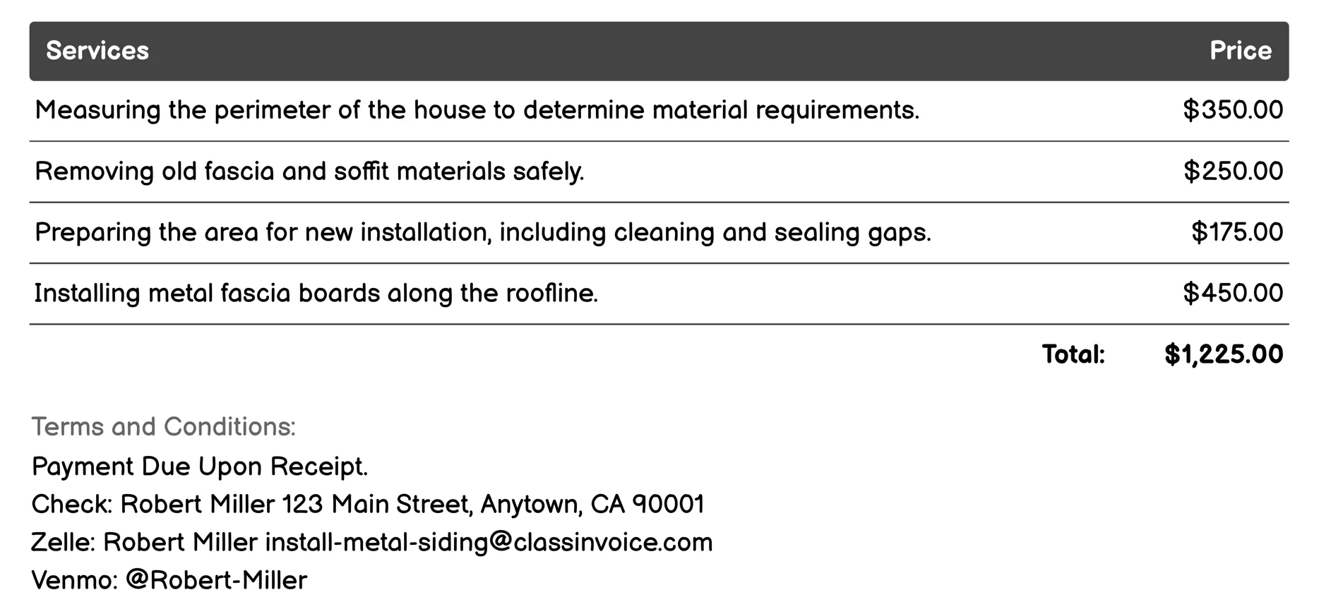 Fascia and Soffit Installation Invoice Example