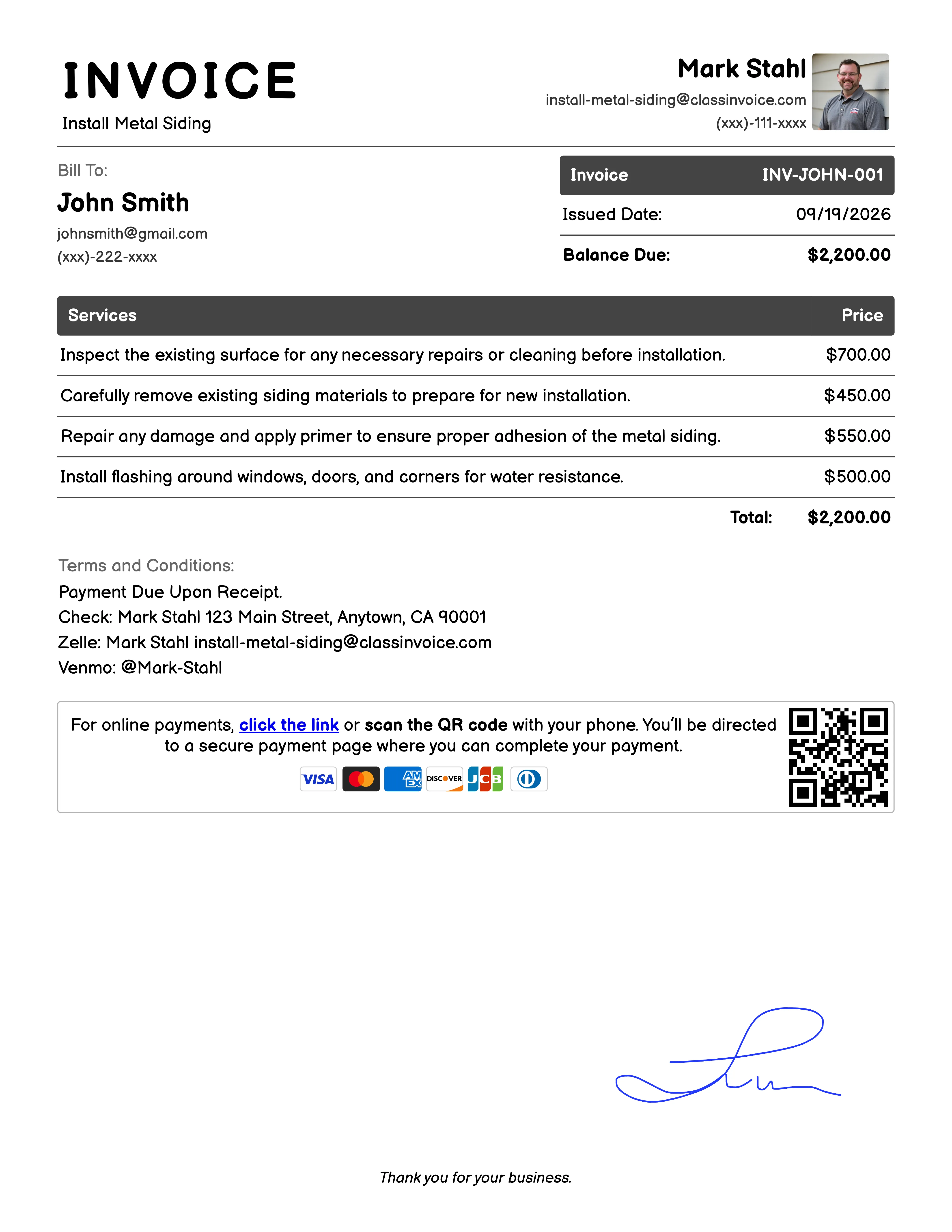 Install Metal Siding Invoice Example
