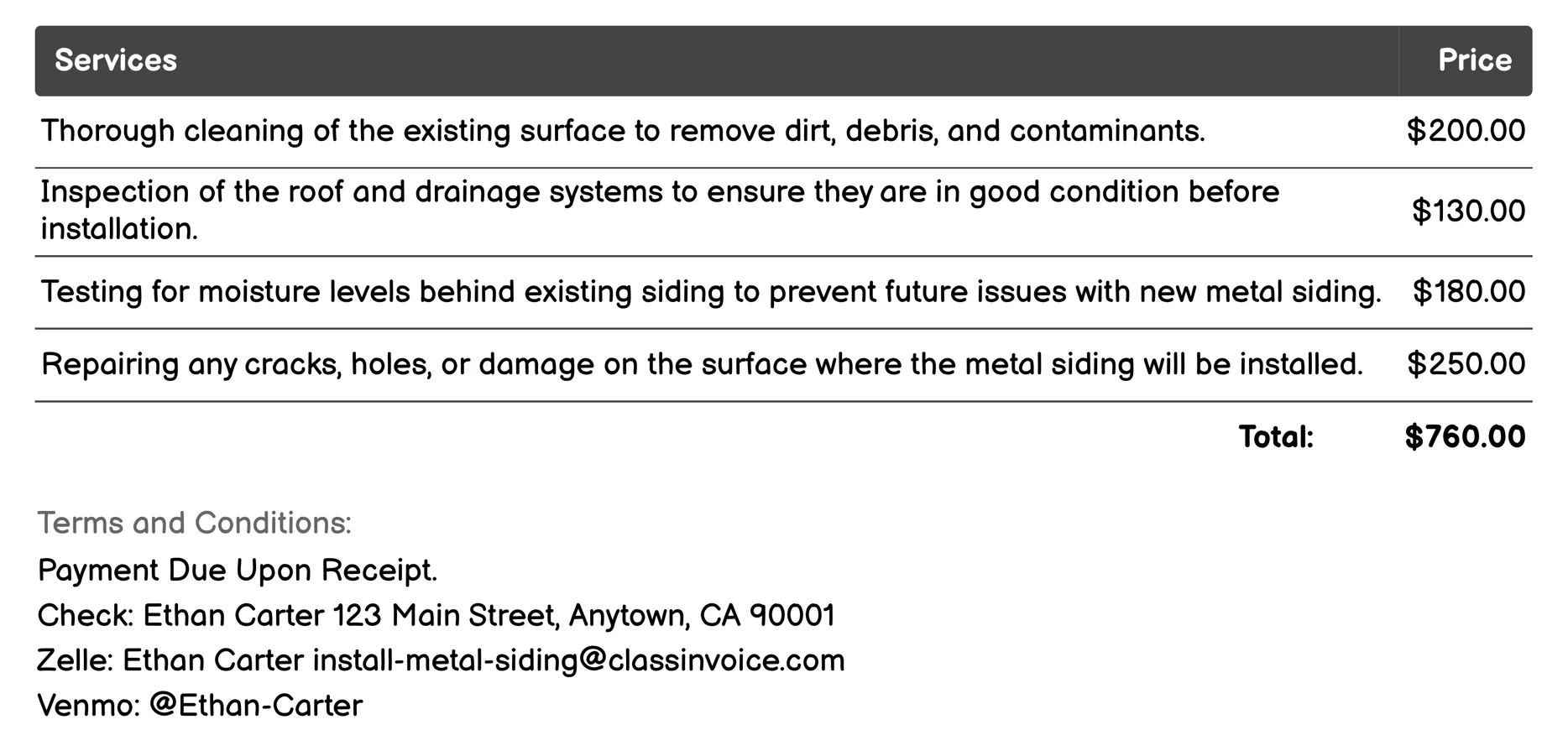 Preparation and Surface Prep Invoice Example
