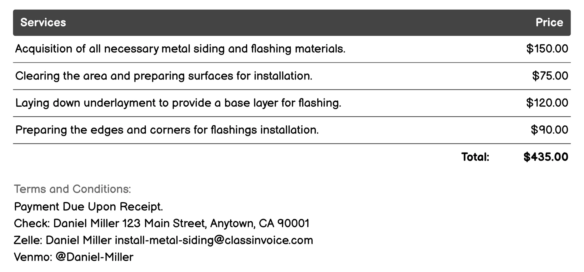 Roof Flashing Installation Invoice Example