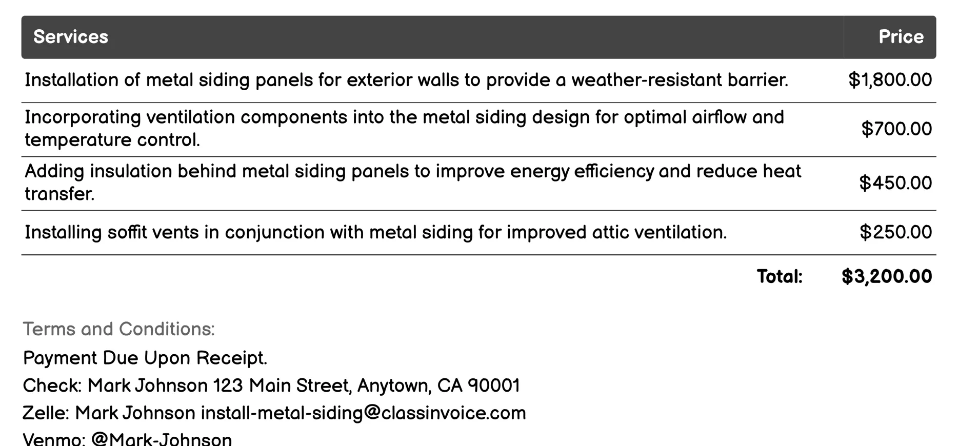 Ventilation Systems Setup Invoice Example