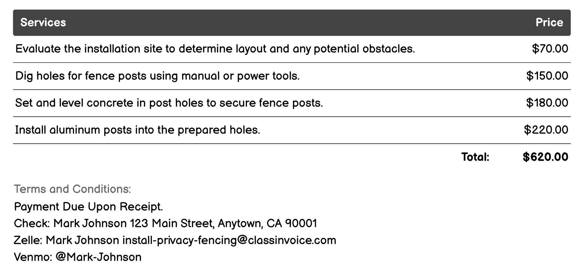 Aluminum Privacy Fencing Invoice Example