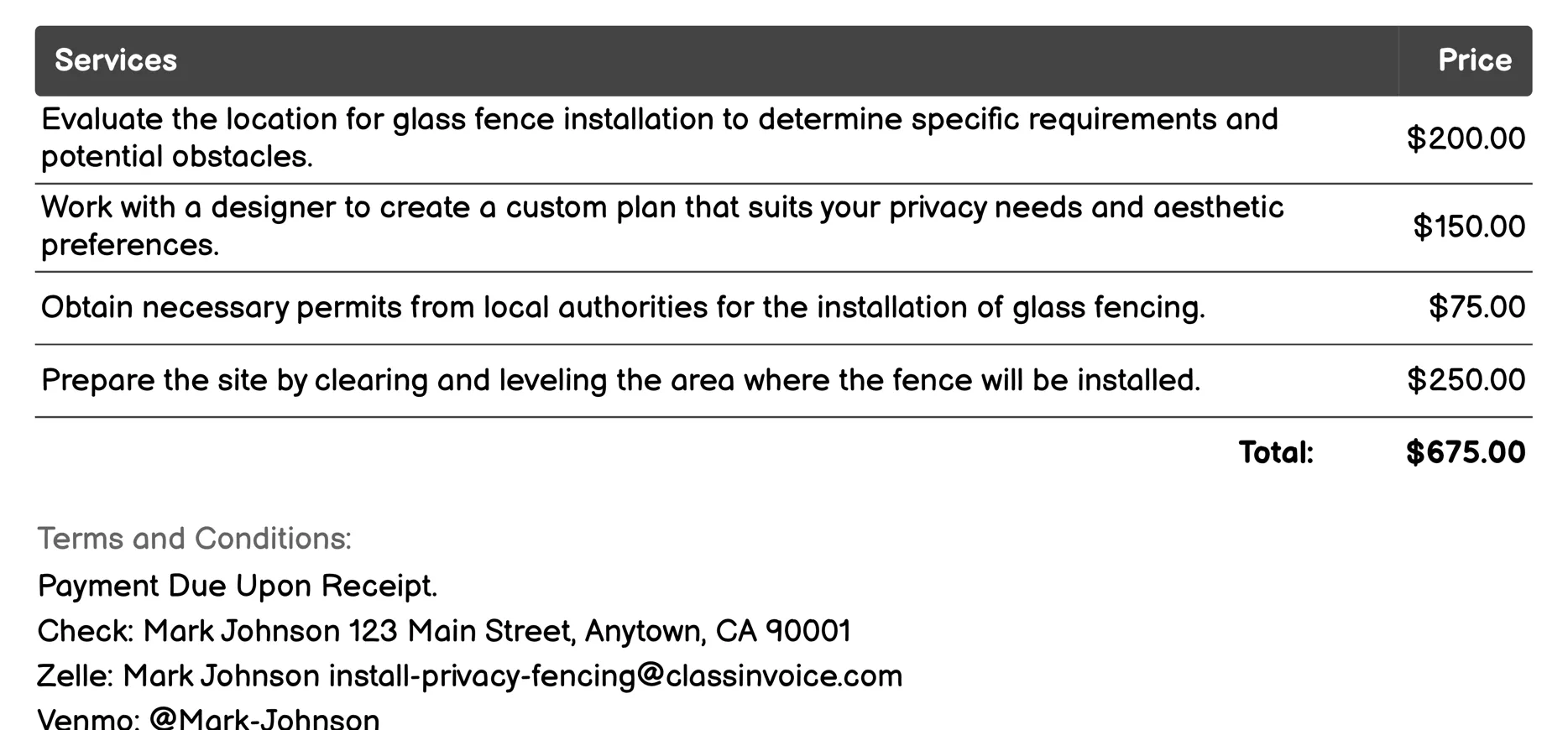 Glass Fence Installation Invoice Example