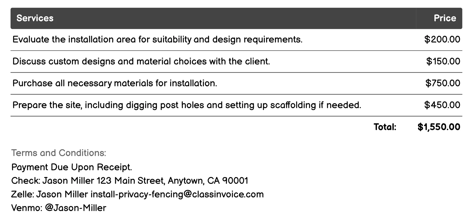 Picket Fence Privacy Service Invoice Example