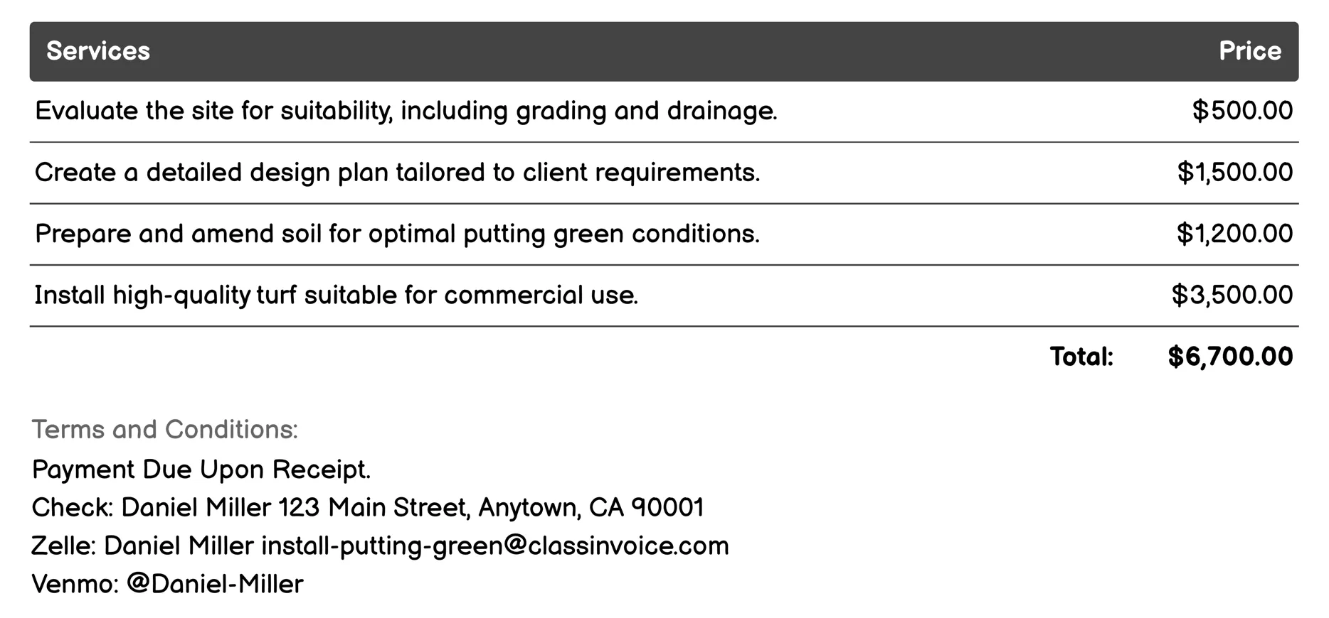 Commercial Putting Green Installation Invoice Example