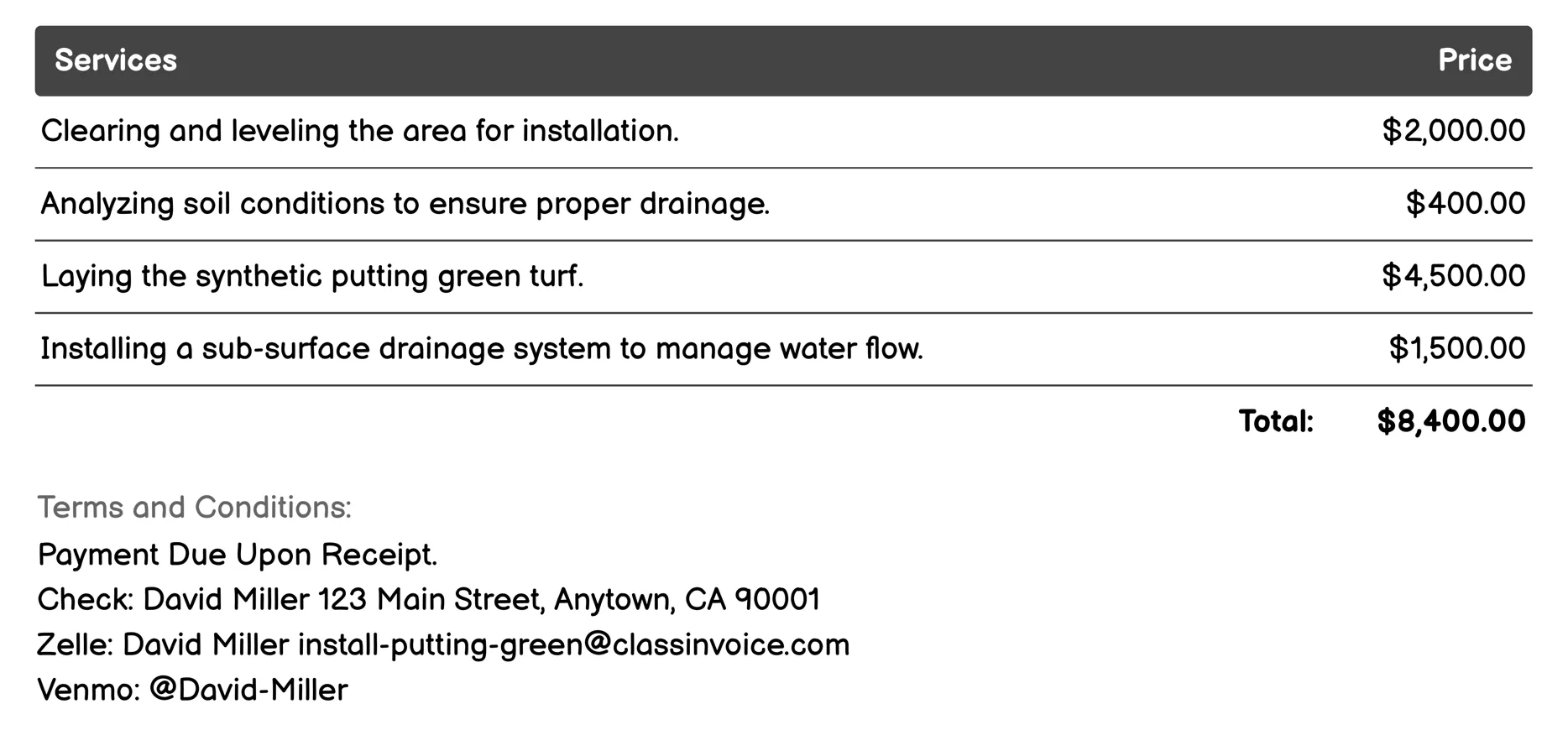 Event Space Putting Green Invoice Example