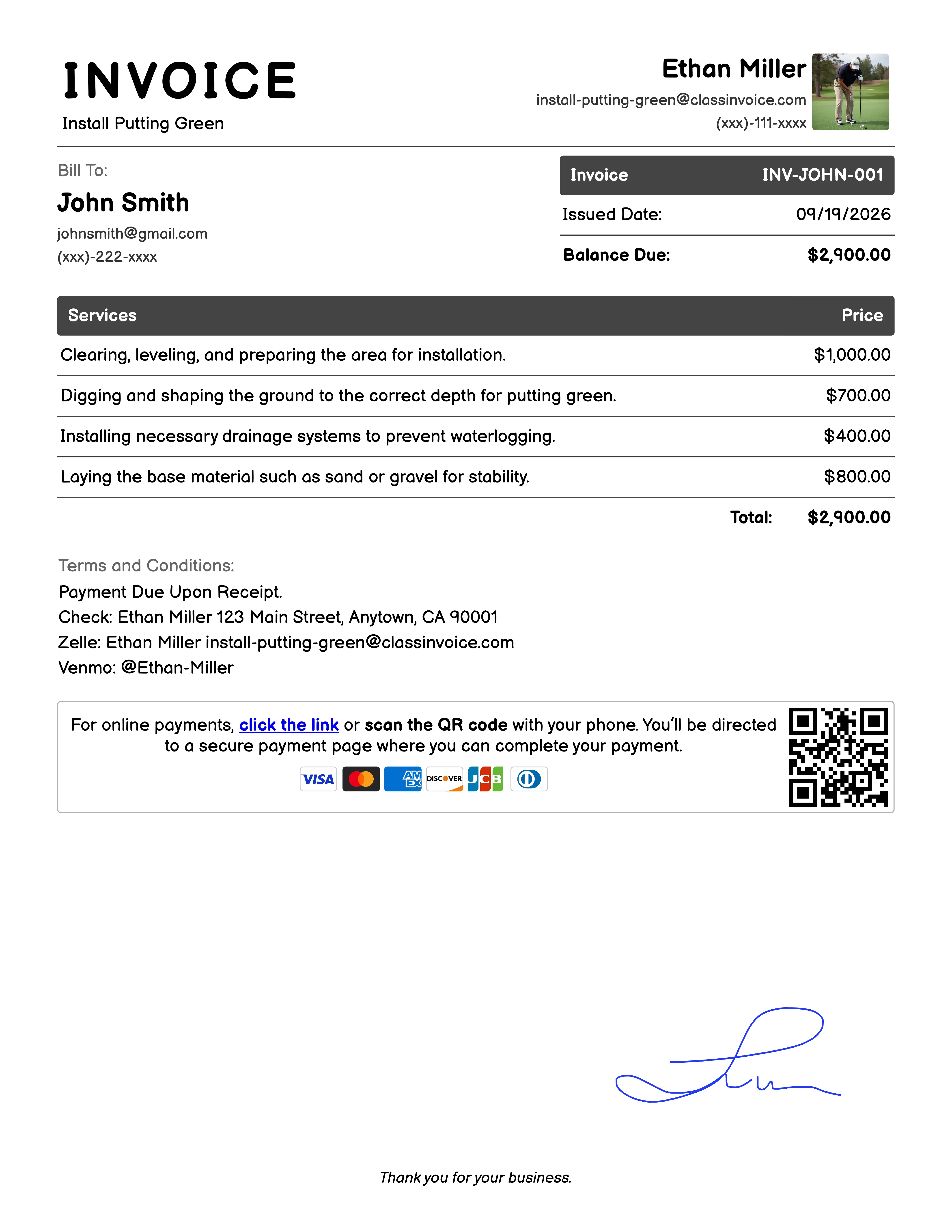 Install Putting Green Invoice Example