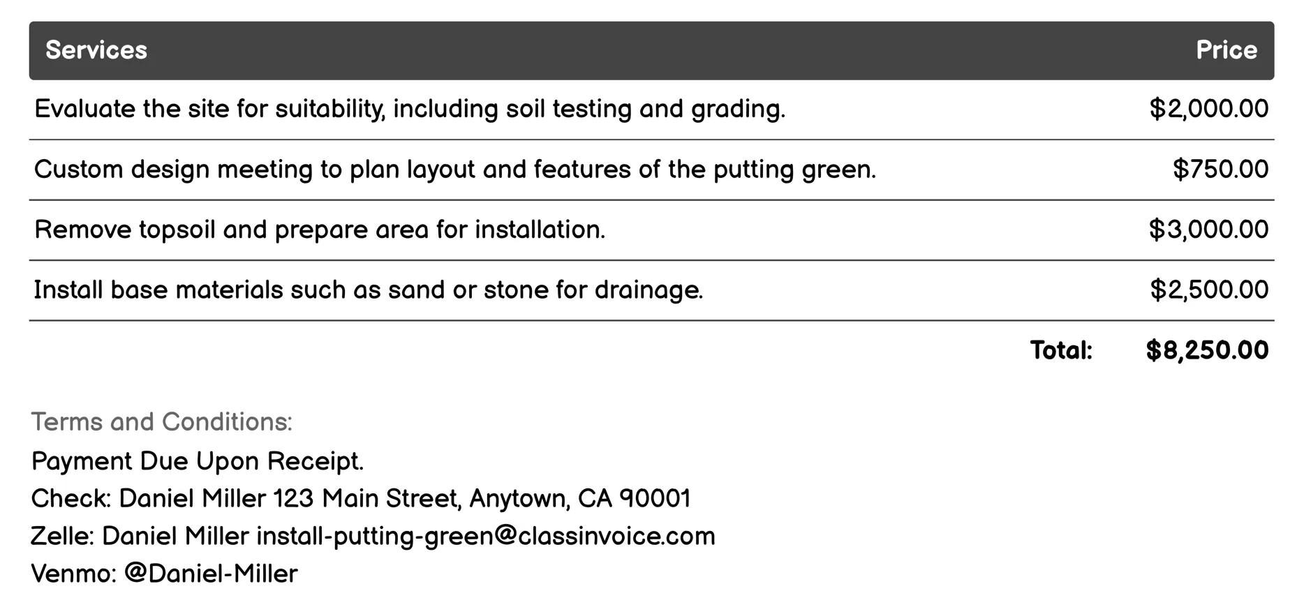 Recreational Facility Installation Invoice Example