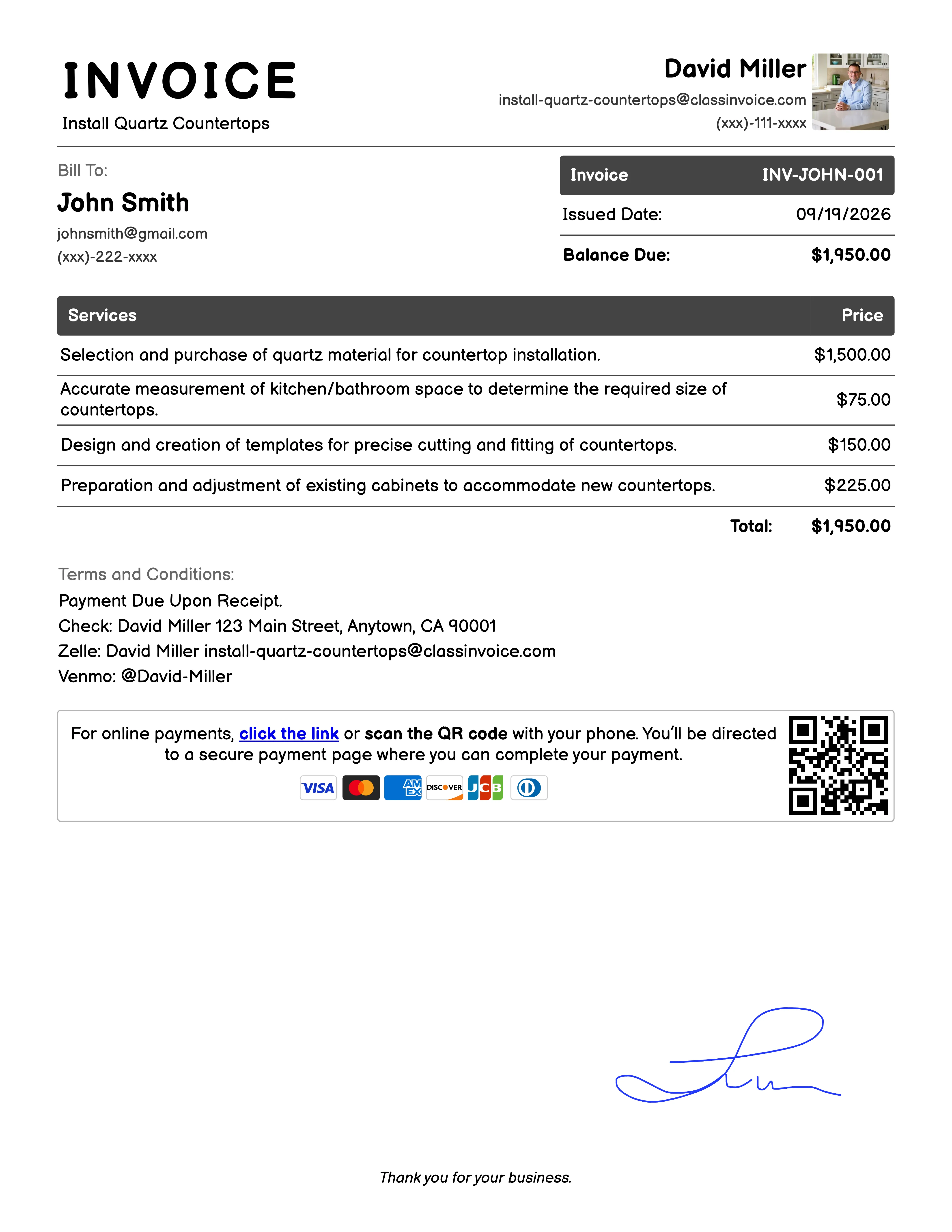 Install Quartz Countertops Invoice Example