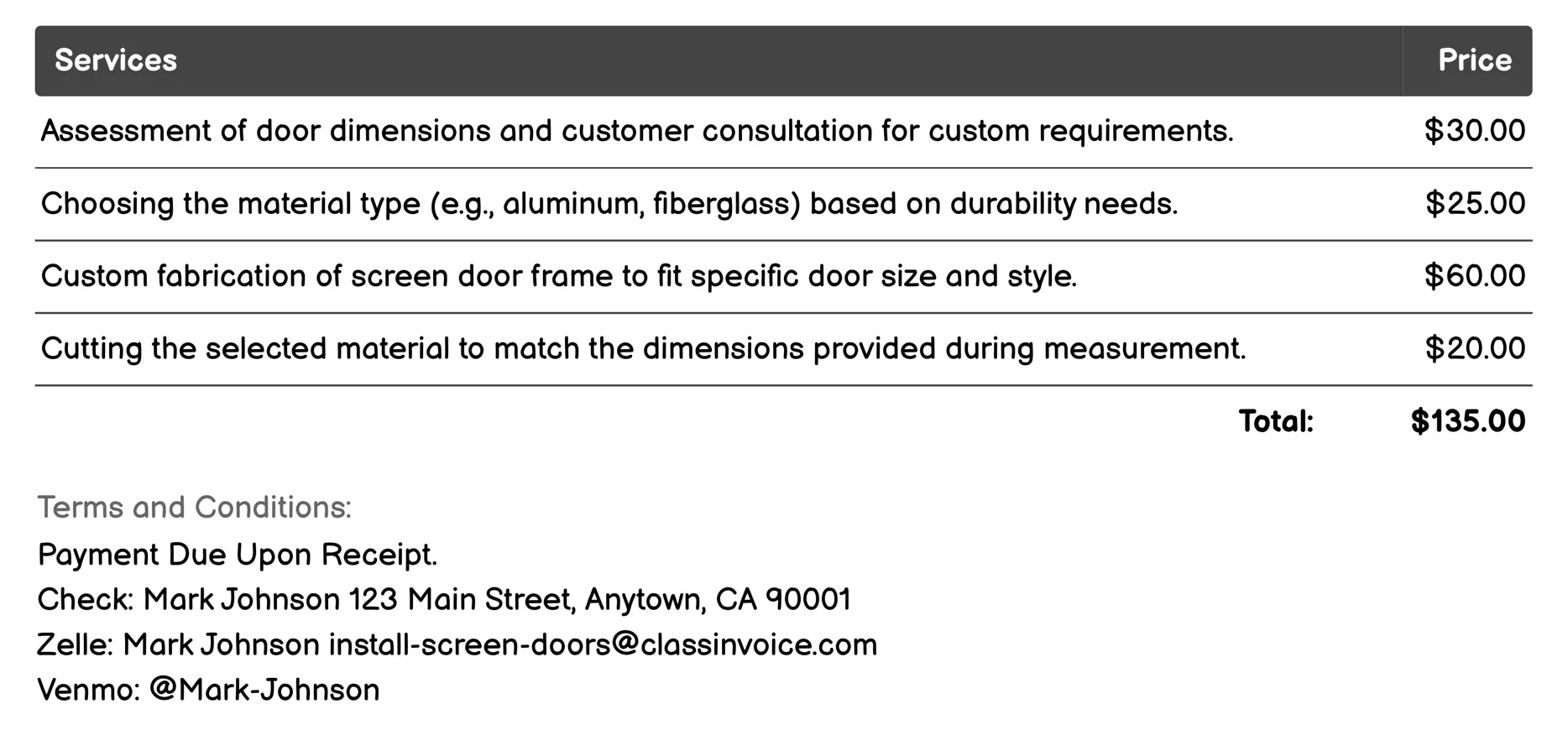 Custom Screen Door Fitting Invoice Example
