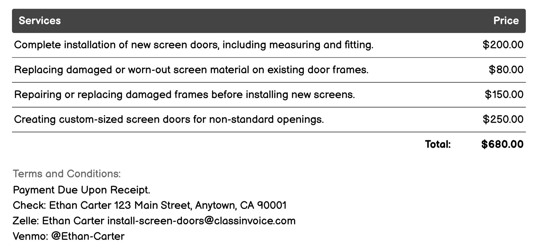 Screen Door Maintenance Invoice Example