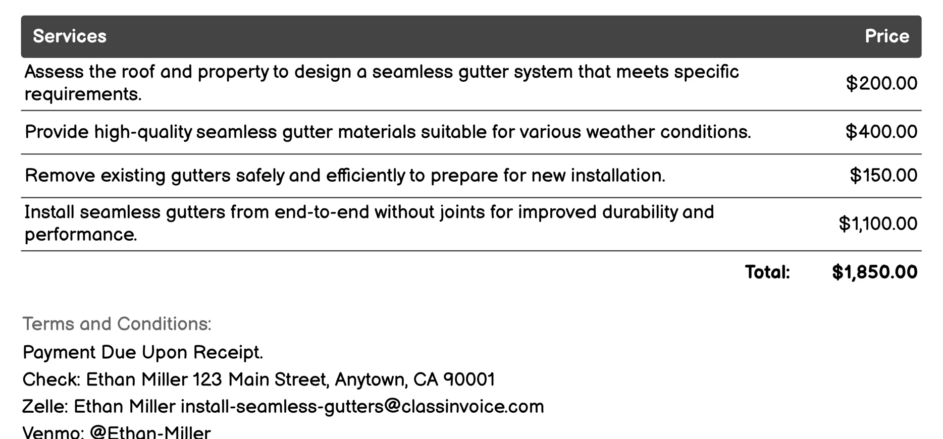 Gutter Maintenance Plan Invoice Example