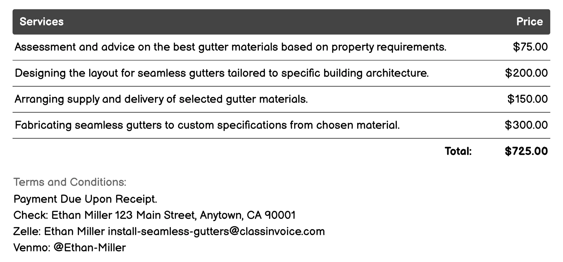 Gutter Material Selection Invoice Example