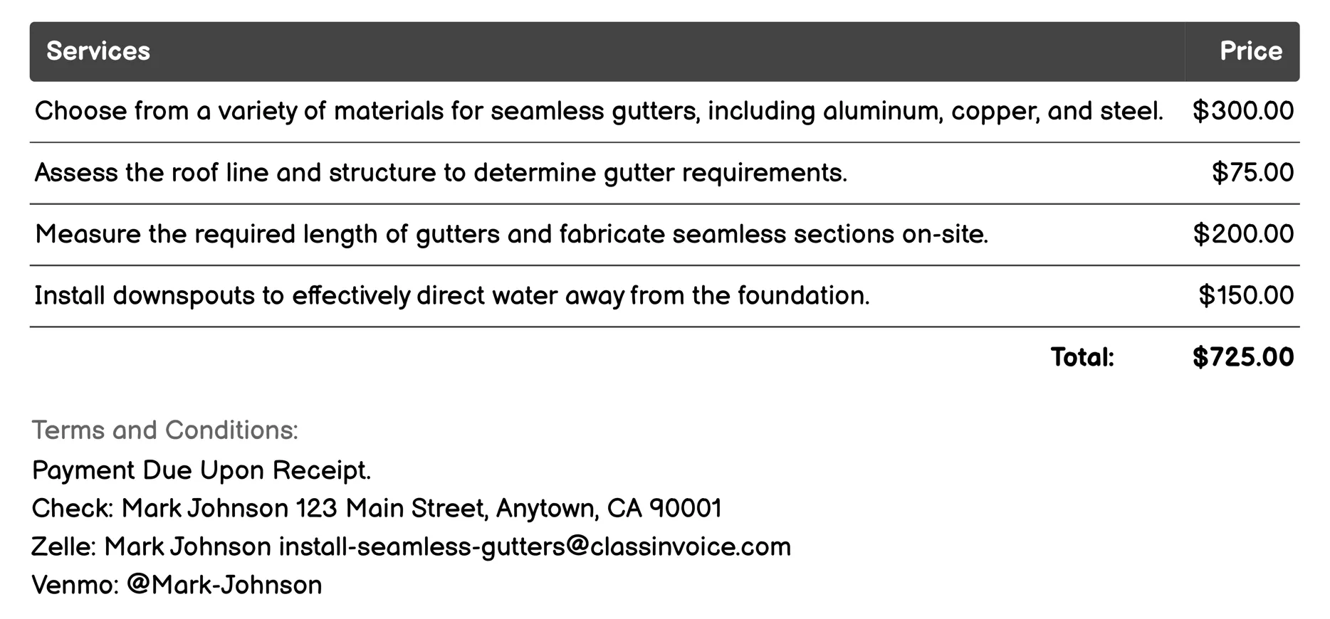 Seamless Gutter Installation Invoice Example