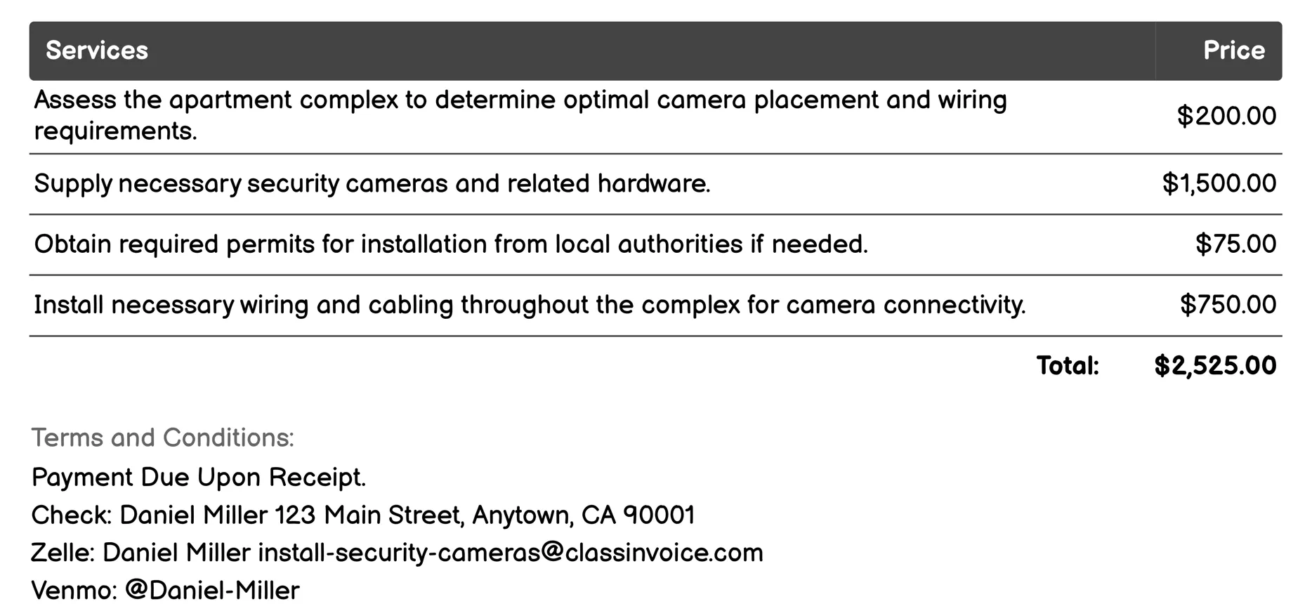 Apartment Complex Security System Setup Invoice Example