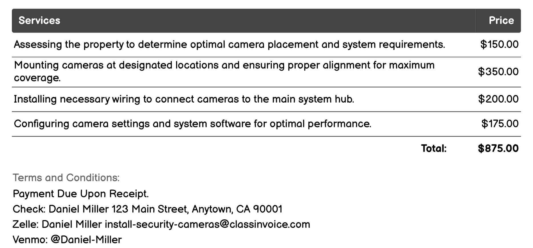 Home Surveillance System Installation Invoice Example