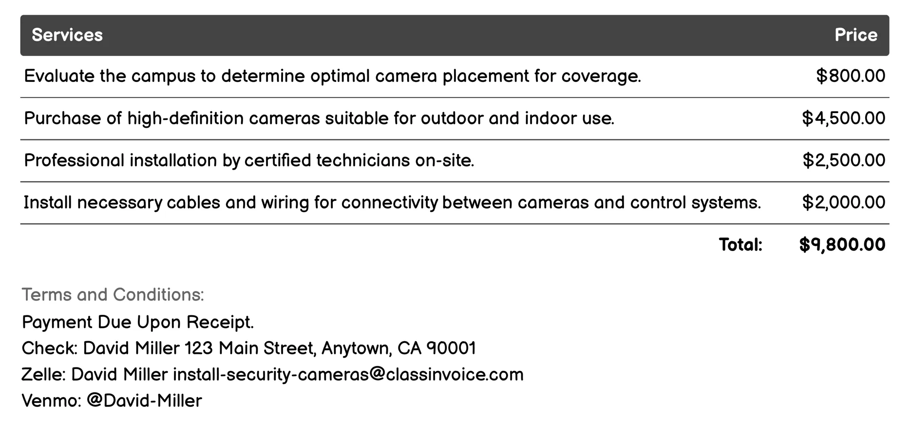 School or University Campus Surveillance Invoice Example