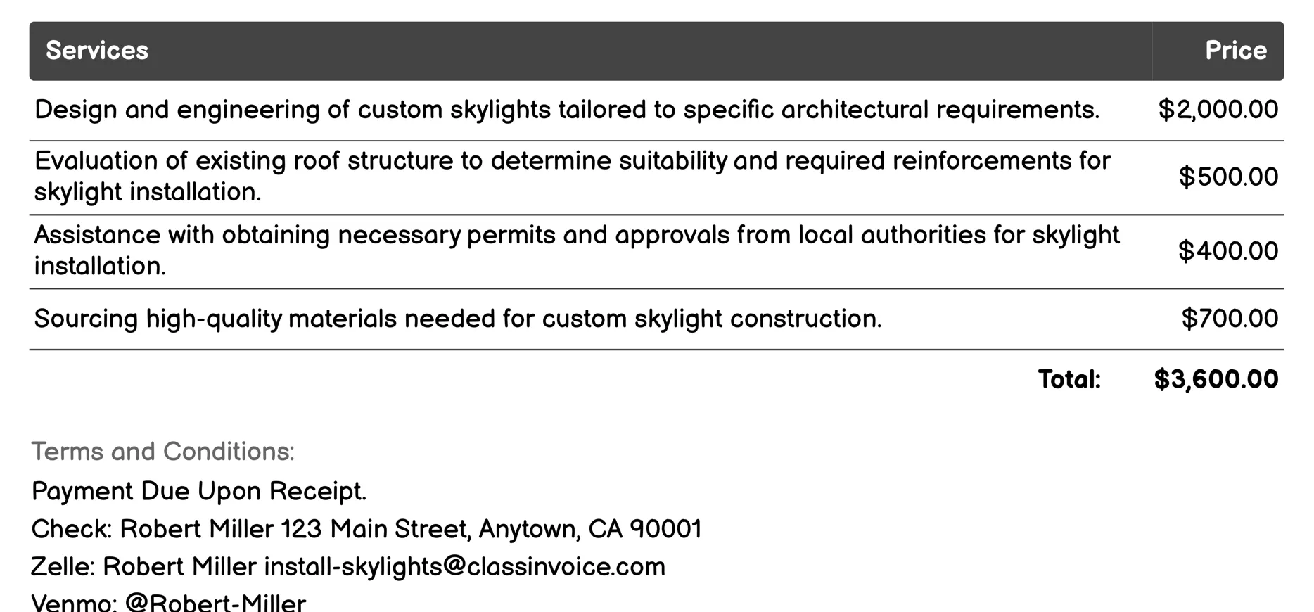 Custom Skylight Design Invoice Example