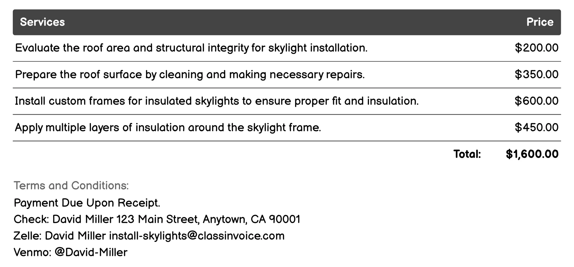Insulated Skylight Installation Invoice Example